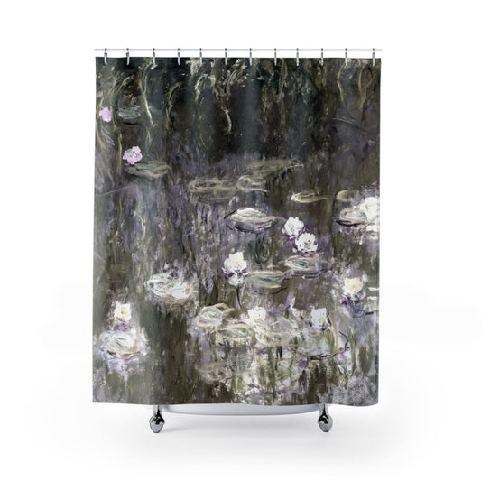 White Lilies on a Pond Shower Curtain with Claude Monet design, art-inspired bathroom decor featuring Monet's lily pond paintings.