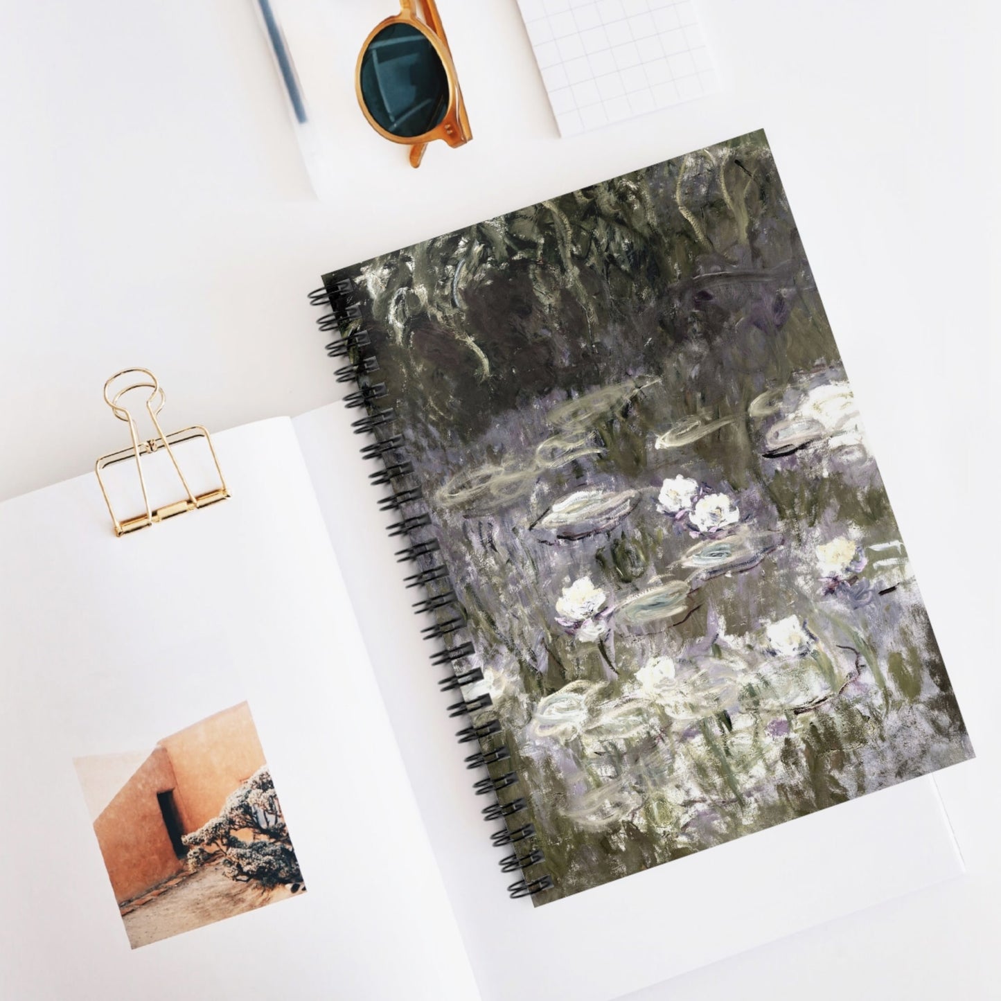 White Lilies on a Pond Spiral Notebook Displayed on Desk