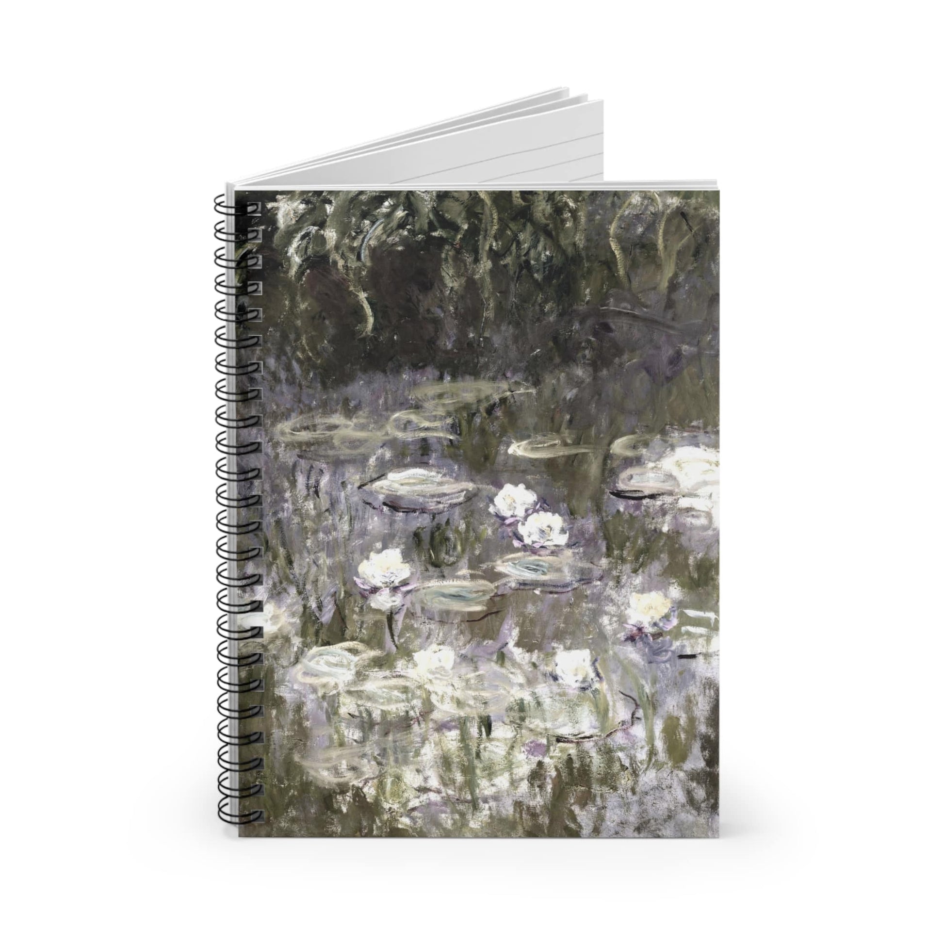 White Lilies on a Pond Spiral Notebook Standing up on White Desk