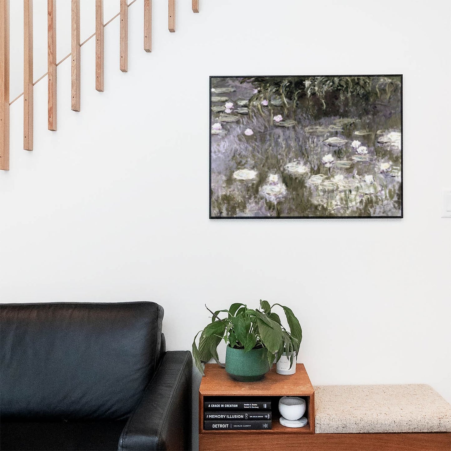 White Lilies on a Pond Wall Art Print in a Picture Frame on Living Room Wall