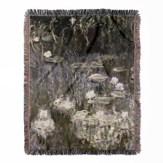 White Lilies on a Pond woven throw blanket, crafted from 100% cotton, providing a soft and cozy texture with a Claude Monet theme for home decor.