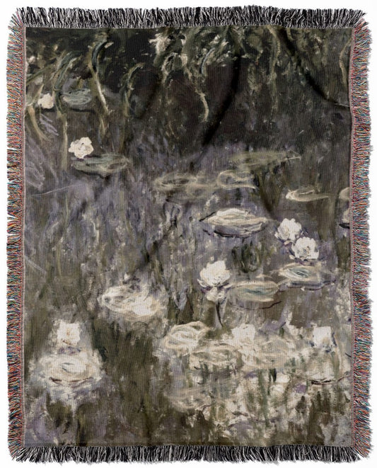 White Lilies on a Pond woven throw blanket, crafted from 100% cotton, providing a soft and cozy texture with a Claude Monet theme for home decor.