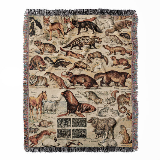 Wild Animals woven throw blanket, crafted from 100% cotton, delivering a soft and cozy texture with a cute animal chart for home decor.