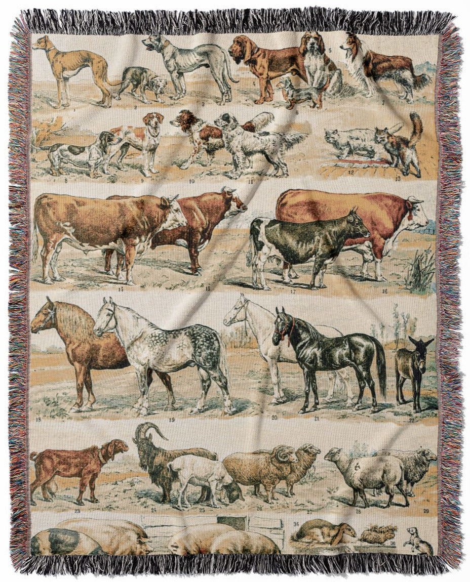 Wild Animals woven throw blanket, made of 100% cotton, featuring a soft and cozy texture with a farm animal chart for home decor.