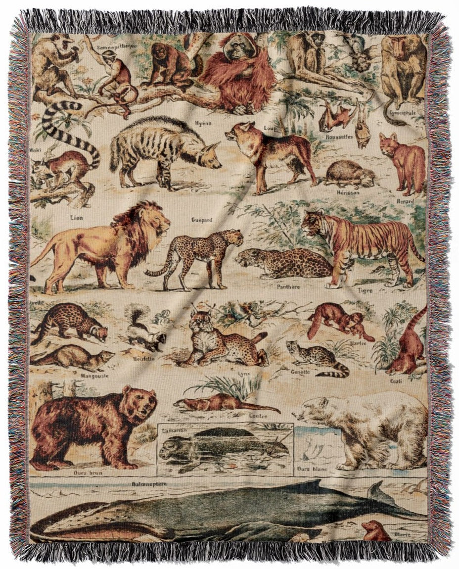 Wild Animals woven throw blanket, crafted from 100% cotton, delivering a soft and cozy texture with a scientific mammal chart for home decor.