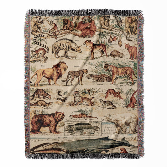 Wild Animals woven throw blanket, crafted from 100% cotton, delivering a soft and cozy texture with a scientific mammal chart for home decor.