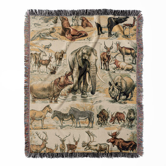 Wild Animals woven throw blanket, made with 100% cotton, providing a soft and cozy texture with large mammals for home decor.