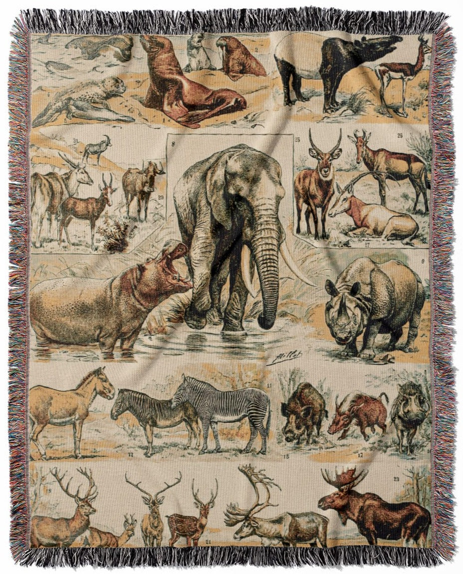 Wild Animals woven throw blanket, made with 100% cotton, providing a soft and cozy texture with large mammals for home decor.