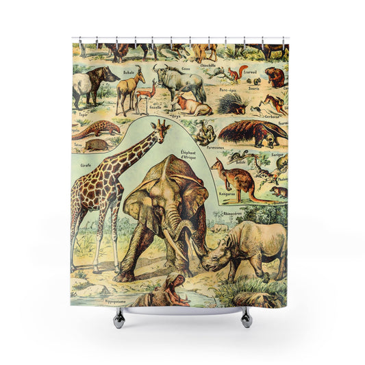 Wild Animals Shower Curtain with safari animal chart design, educational bathroom decor featuring various safari animals.