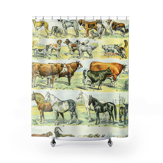 Wild Animals Shower Curtain with farm animal chart design, rustic bathroom decor showcasing various farm animals.