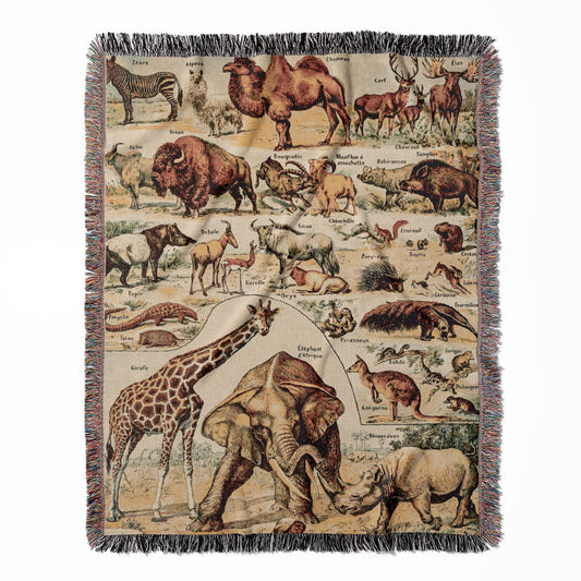 Wild Animals woven throw blanket, crafted from 100% cotton, offering a soft and cozy texture with a safari animal chart for home decor.