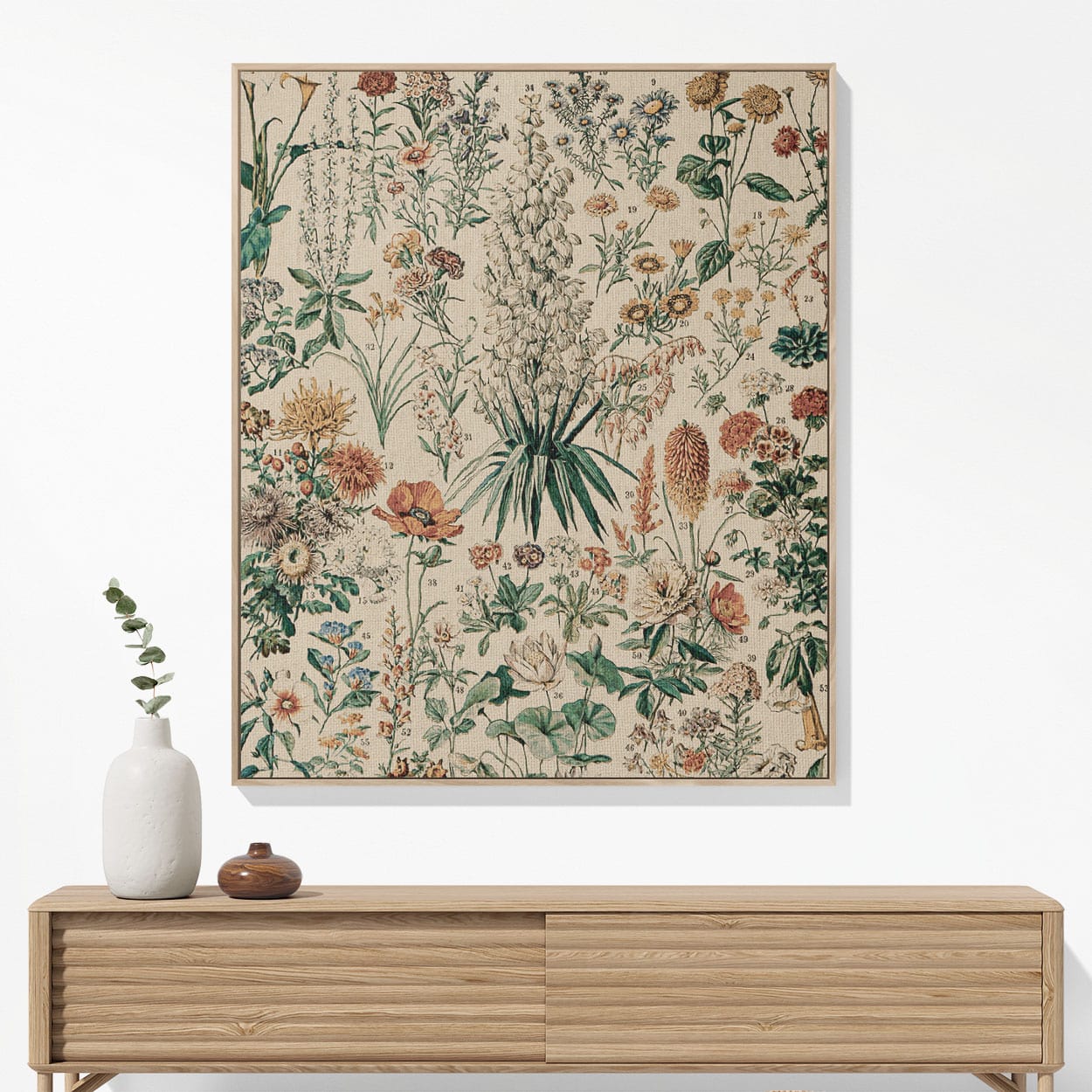 Wildflower Diagram Woven Blanket Hanging on a Wall as Framed Wall Art