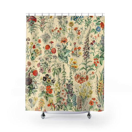 Wildflower Shower Curtain with flower design, botanical bathroom decor featuring charming wildflower patterns.