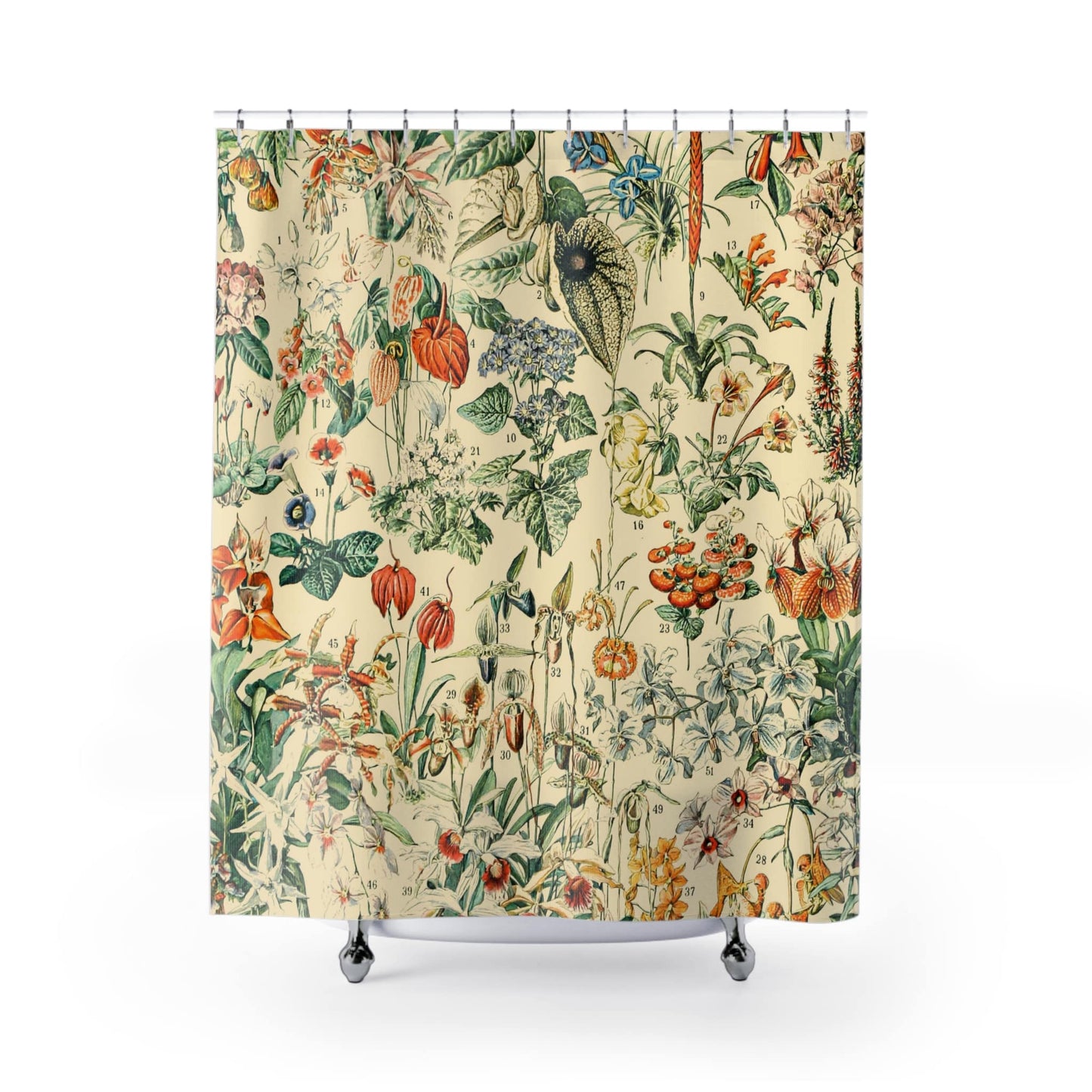 Wildflower and Plants Shower Curtain with floral design, garden-themed bathroom decor featuring detailed plant artwork.