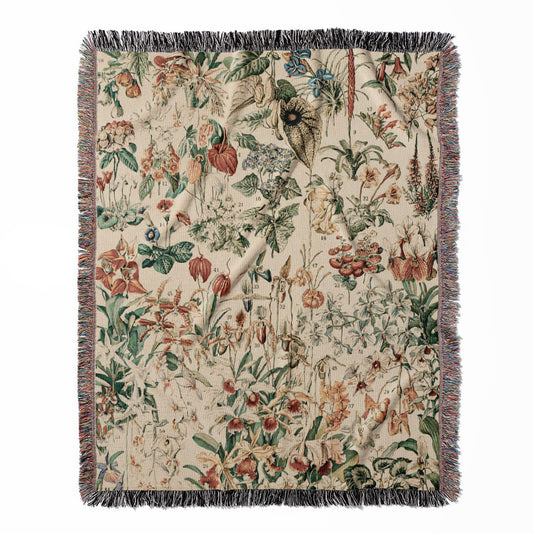 Wildflower and Plants woven throw blanket, constructed from 100% cotton, offering a soft and cozy texture in a mix of floral designs for home decor.