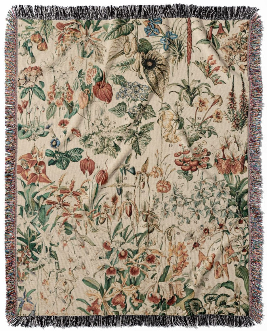 Wildflower and Plants woven throw blanket, constructed from 100% cotton, offering a soft and cozy texture in a mix of floral designs for home decor.