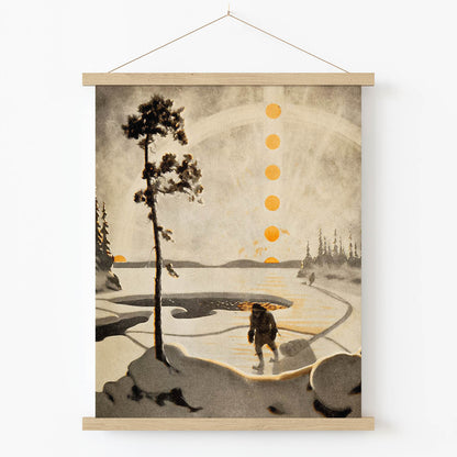 Snowy Figure and the Sun Art Print in Wood Hanger Frame on Wall