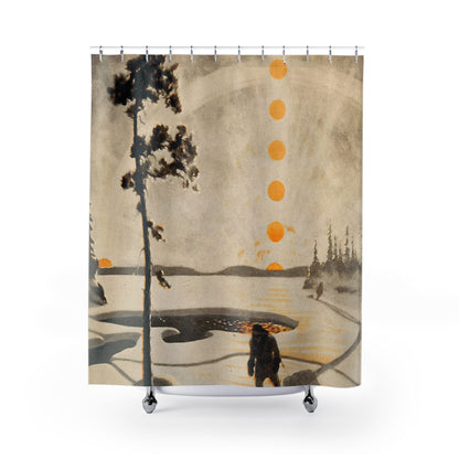 Winter Journey Shower Curtain with snowy landscape design, seasonal bathroom decor featuring winter scenes.