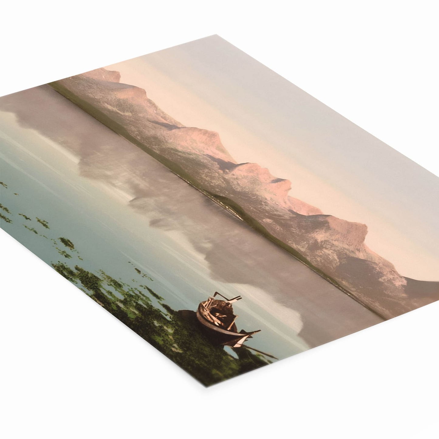 Mountains on a Lake Picture Laying Flat on a White Background