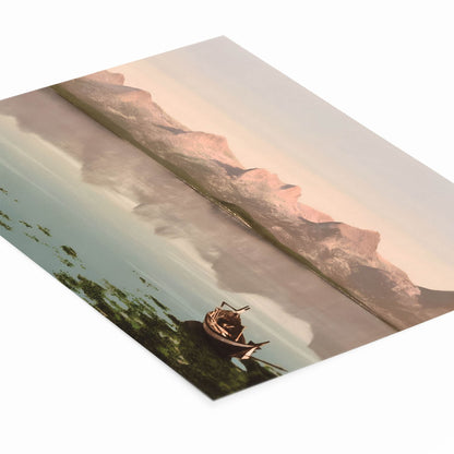 Mountains on a Lake Picture Laying Flat on a White Background