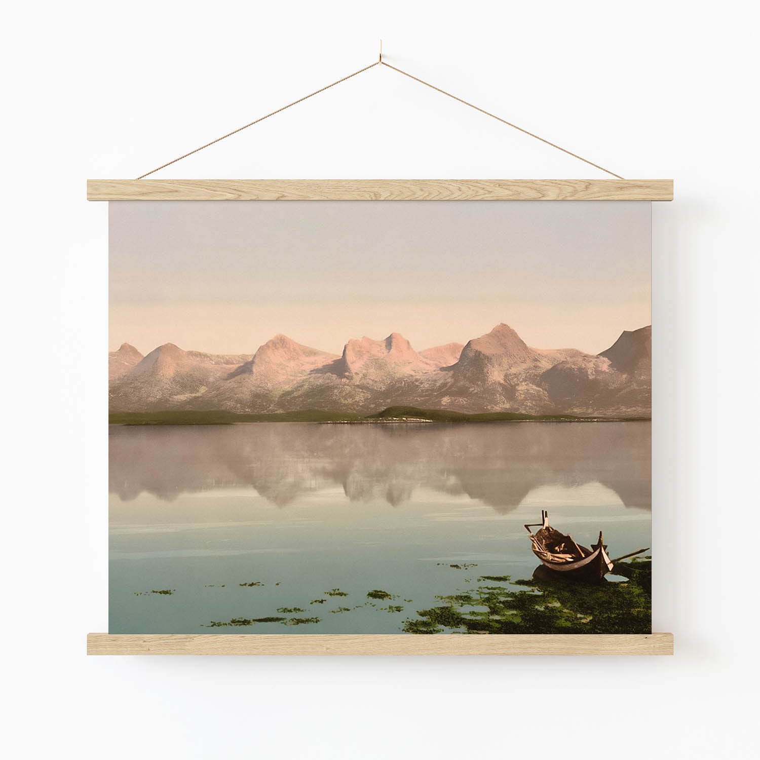 Mountains on a Lake Art Print in Wood Hanger Frame on Wall