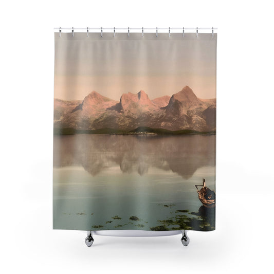 Winter Landscape Shower Curtain with Norland Norway design, seasonal bathroom decor featuring snowy Norwegian scenes.