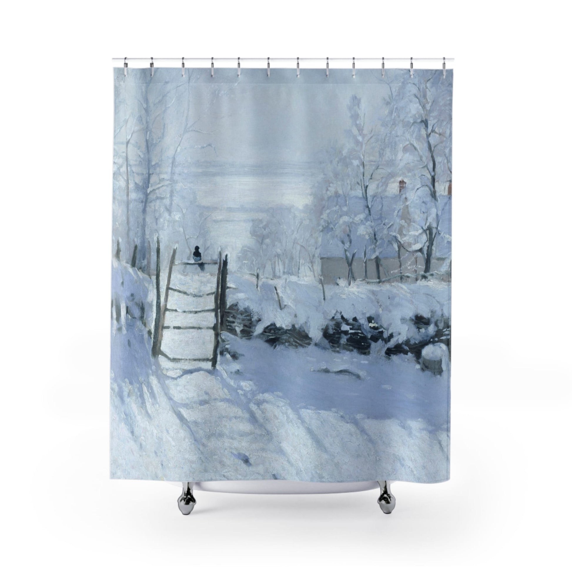 Winter Shower Curtain with snowy landscape design, seasonal bathroom decor featuring serene winter scenes.