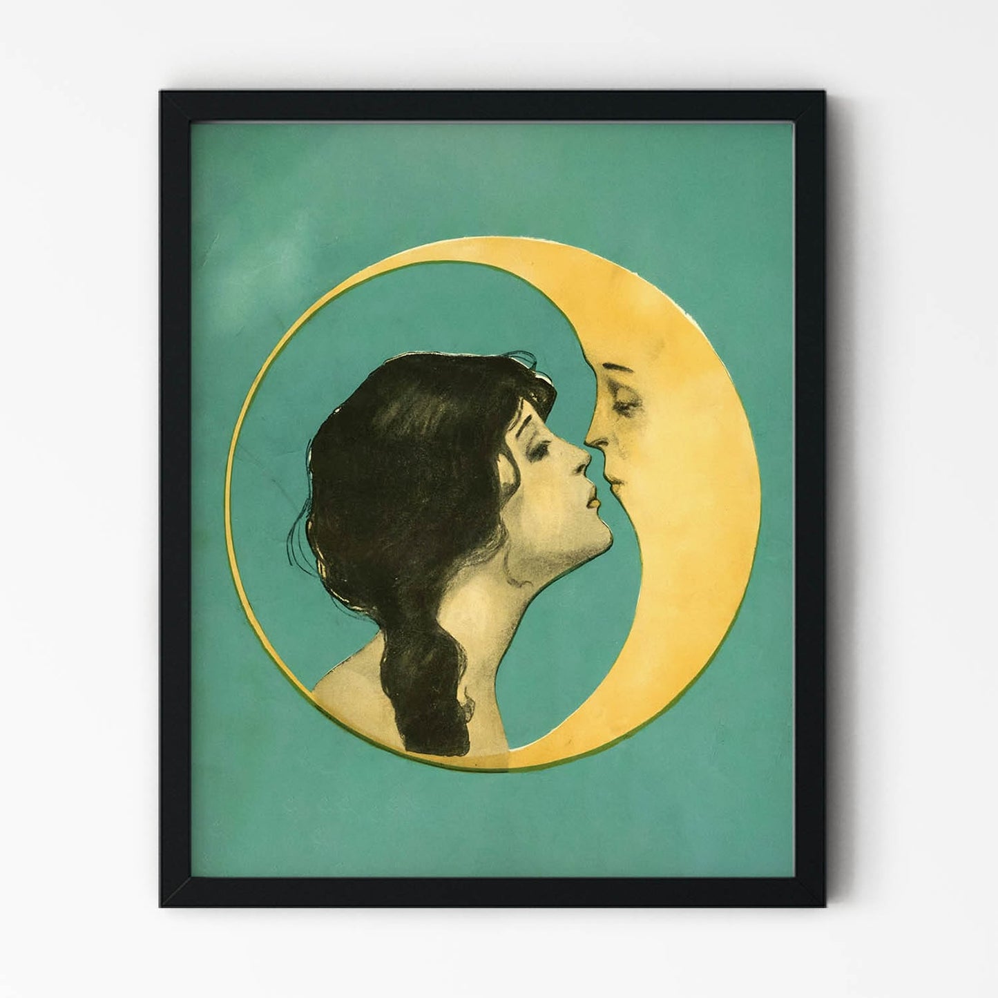 Woman Kissing the Moon Art Print in Black Picture Frame