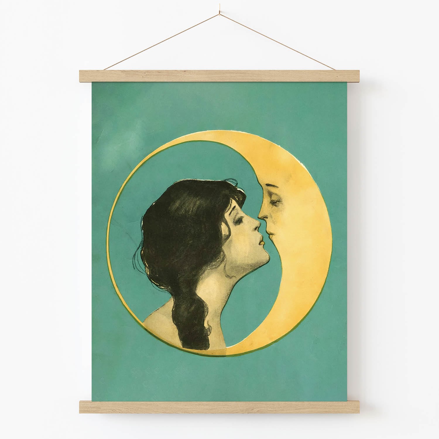 Woman Kissing the Moon Art Print in Wood Hanger Frame on Wall