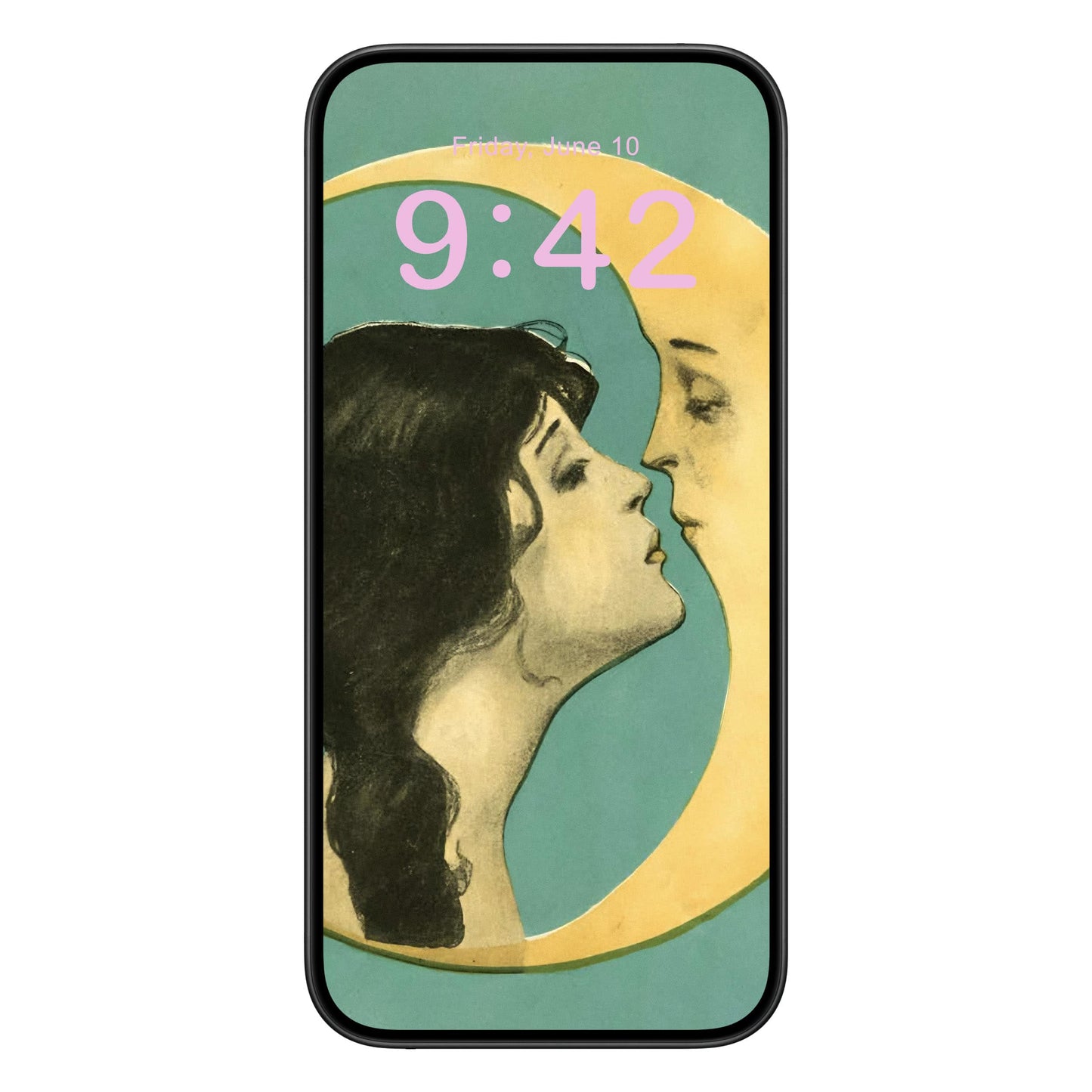 Woman Kissing the Moon Phone Wallpaper Pink Text