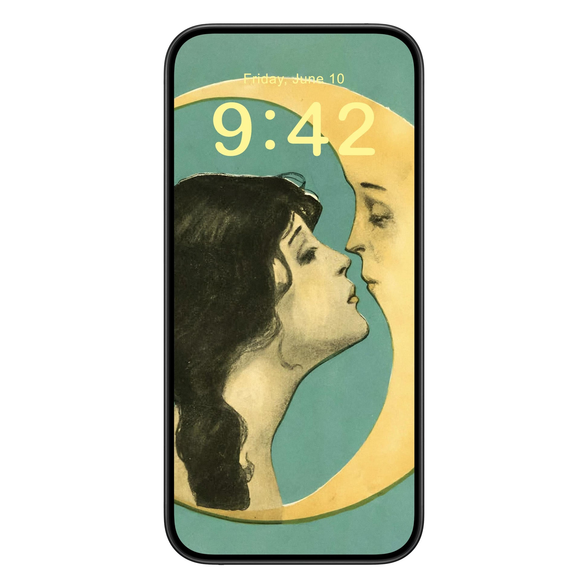 Woman Kissing the Moon Phone Wallpaper Yellow Text