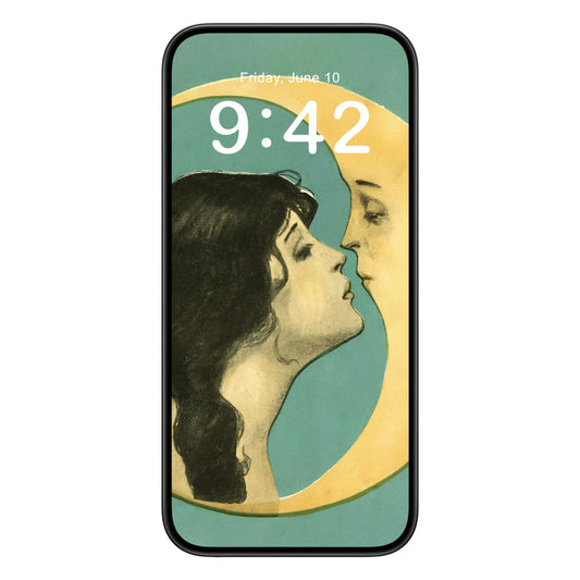 Woman Kissing the Moon phone wallpaper background with art nouveau design shown on a phone lock screen, instant download available.