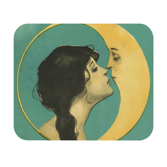 Woman Kissing the Moon Mouse Pad with Art Nouveau art, desk and office decor featuring romantic moonlit scenes.