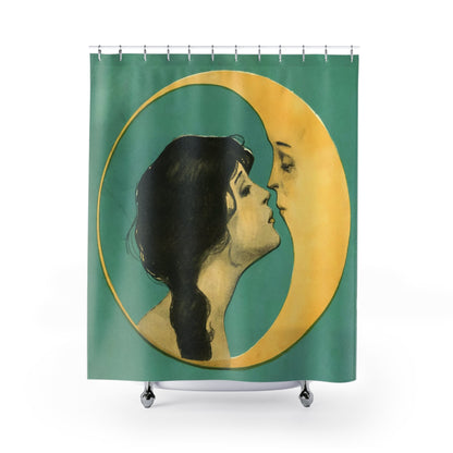 Woman Kissing the Moon Shower Curtain with Art Nouveau design, romantic bathroom decor featuring moonlit scenes.