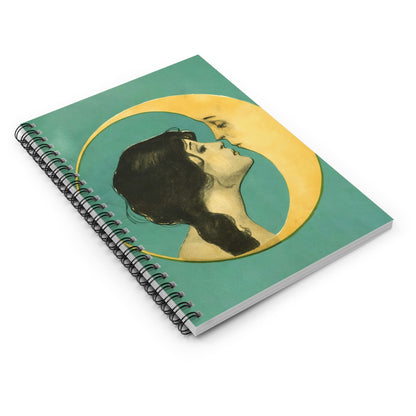 Woman Kissing the Moon Spiral Notebook Laying Flat on White Surface