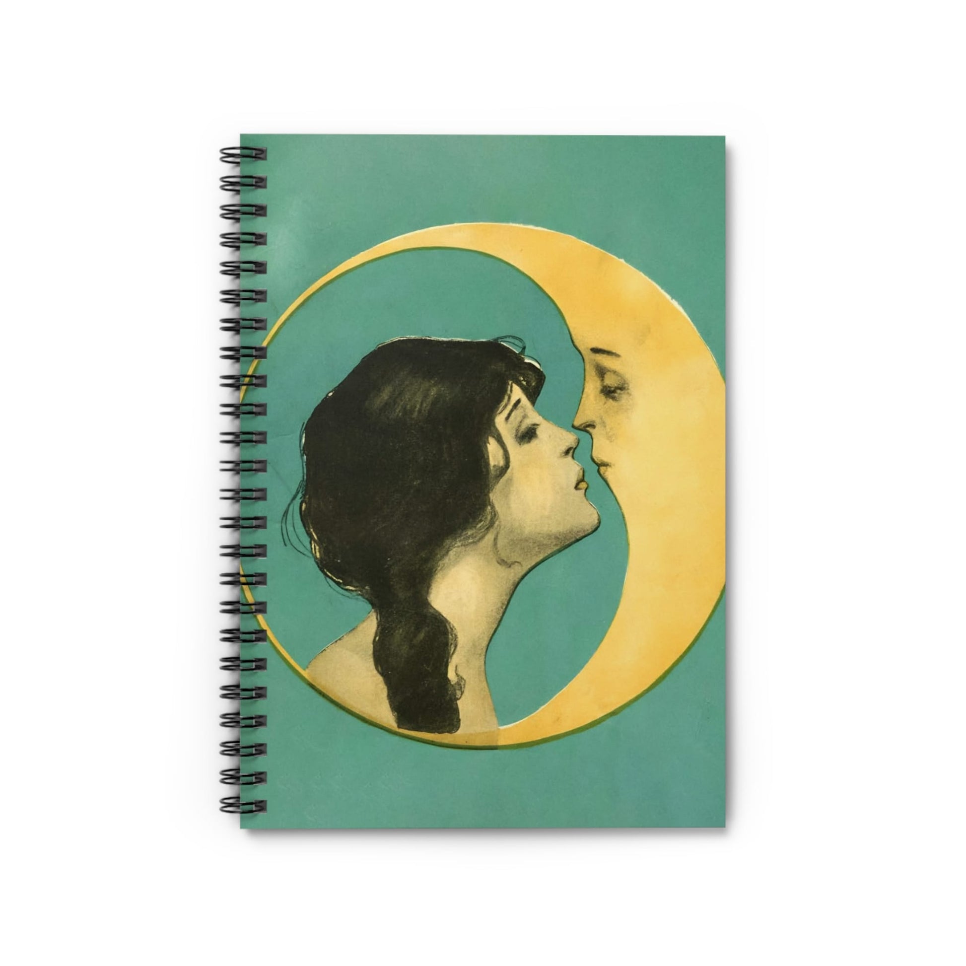 Woman Kissing the Moon Notebook with art nouveau cover, ideal for journals and planners, showcasing romantic art nouveau designs.