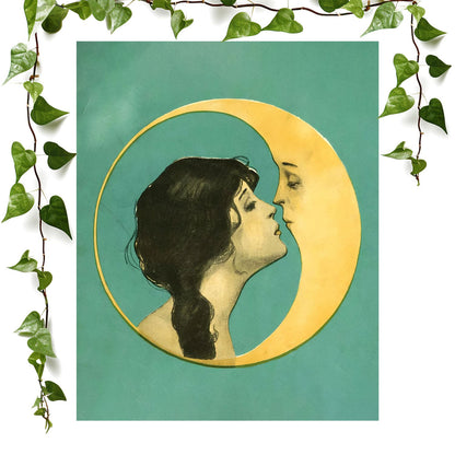 Woman Kissing the Moon art print art nouveau, vintage wall art room decor