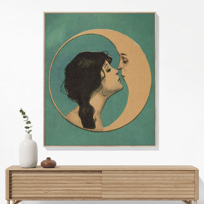 Woman Kissing the Moon Woven Blanket Woven Blanket Hanging on a Wall as Framed Wall Art