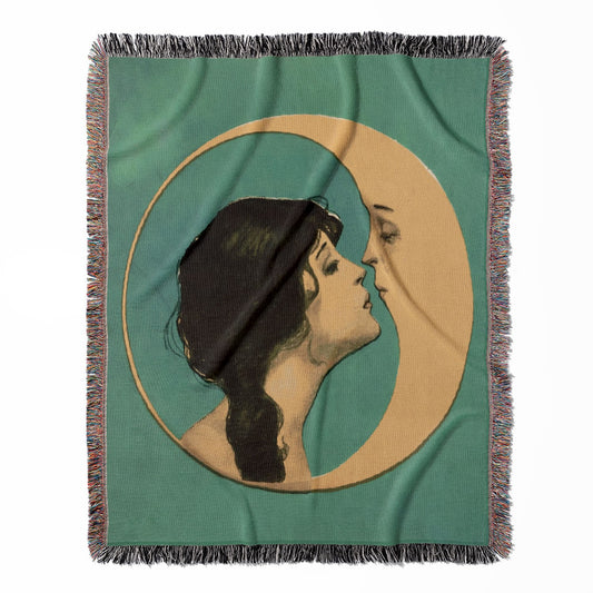 Woman Kissing the Moon woven throw blanket, crafted from 100% cotton, providing a soft and cozy texture with an art nouveau theme for home decor.