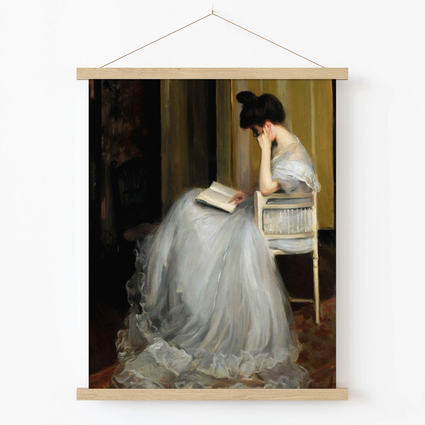 Woman Reading Art Print in Wood Hanger Frame on Wall