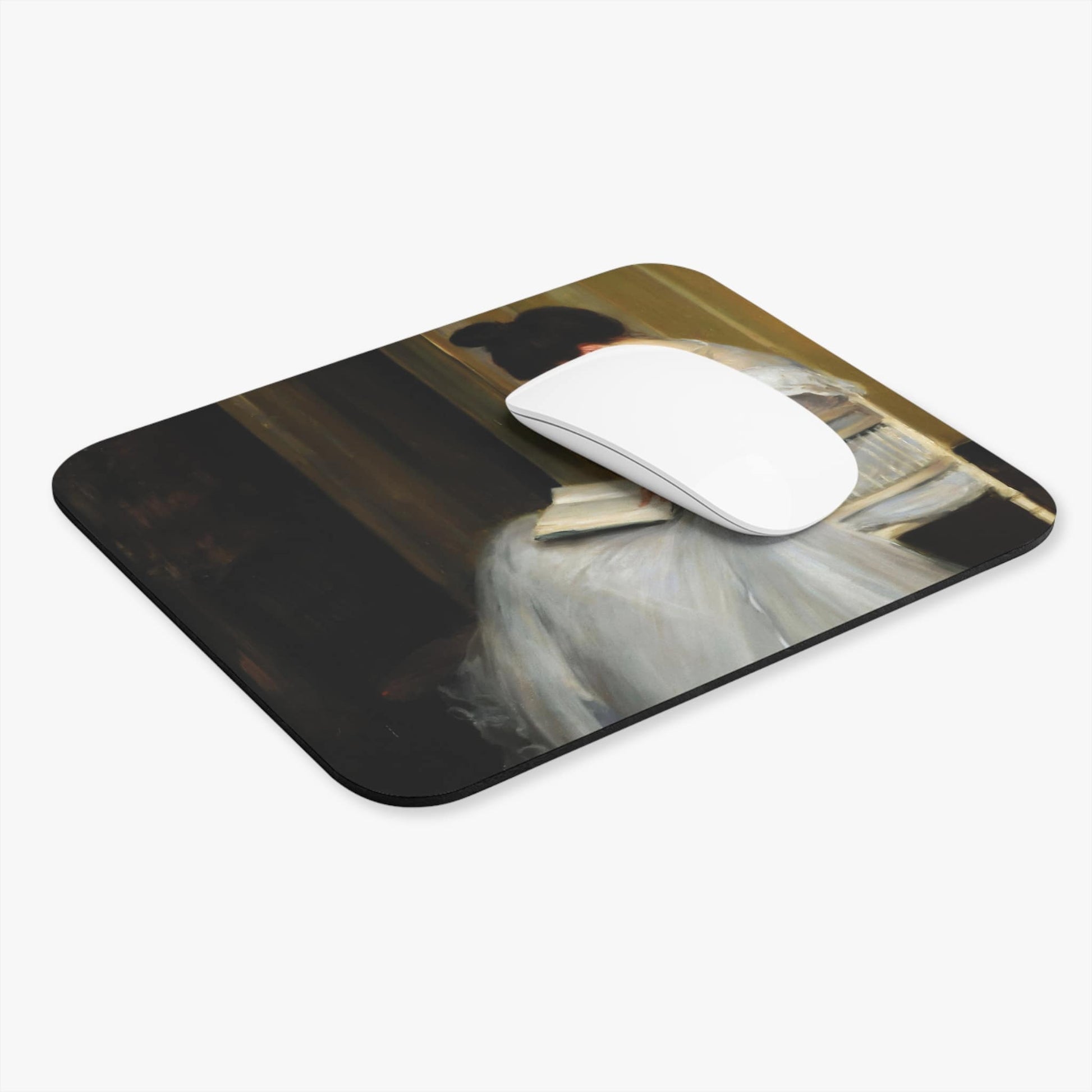 Woman Reading Computer Desk Mouse Pad With White Mouse