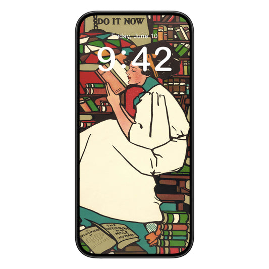 Woman Reading phone wallpaper background with stack of books design shown on a phone lock screen, instant download available.