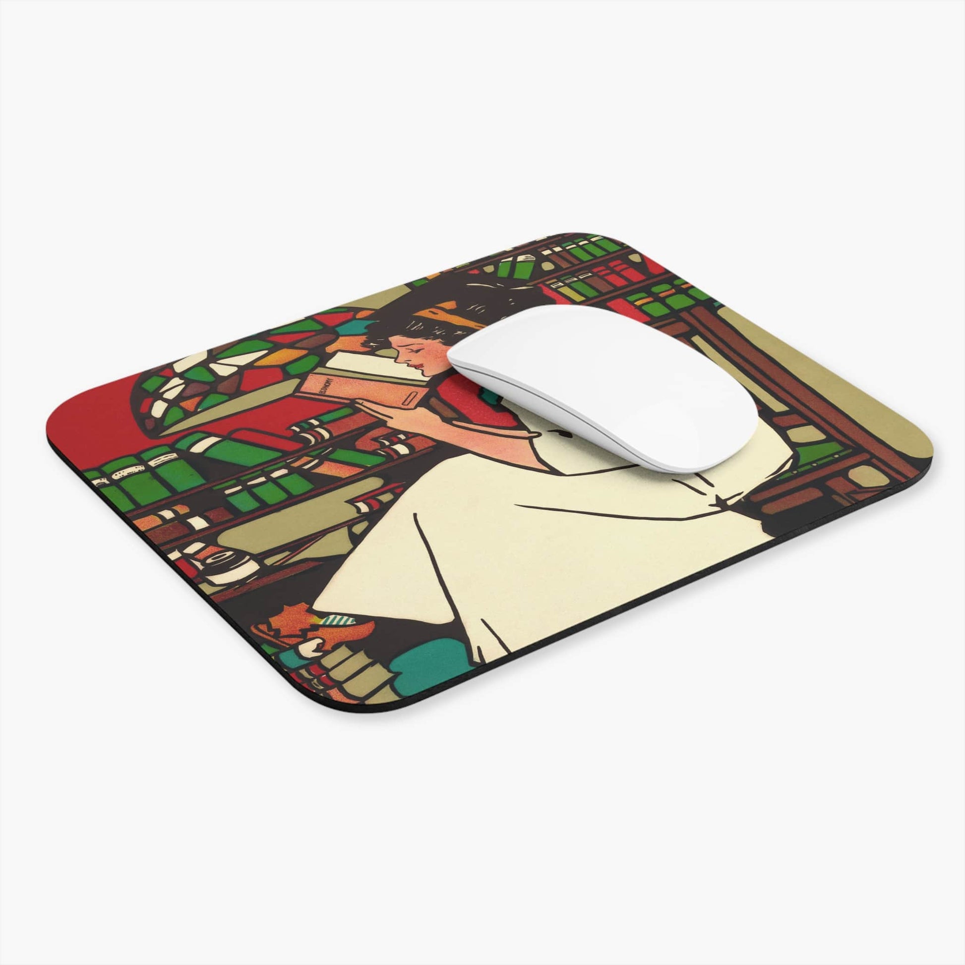 Woman Reading Computer Desk Mouse Pad With White Mouse