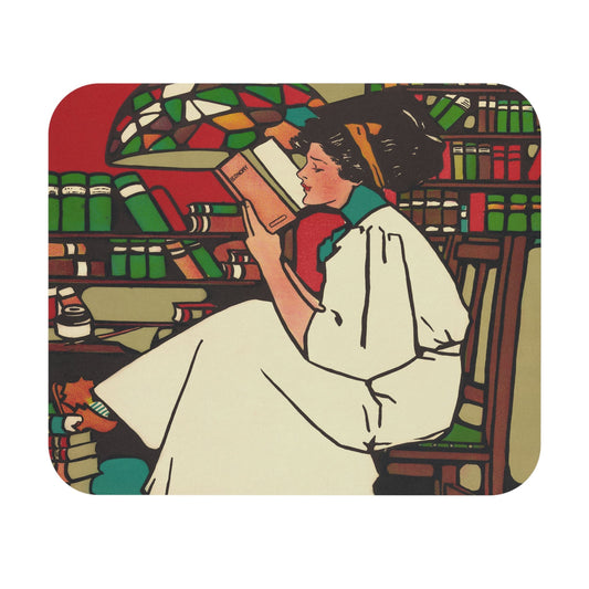 Woman Reading Mouse Pad with stack of books art, desk and office decor featuring classic reading scenes.