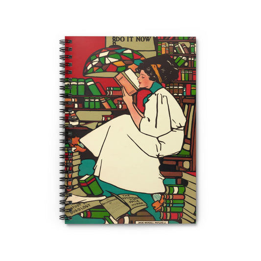 Woman Reading Notebook with stack of books cover, ideal for journals and planners, showcasing women reading stacks of books.