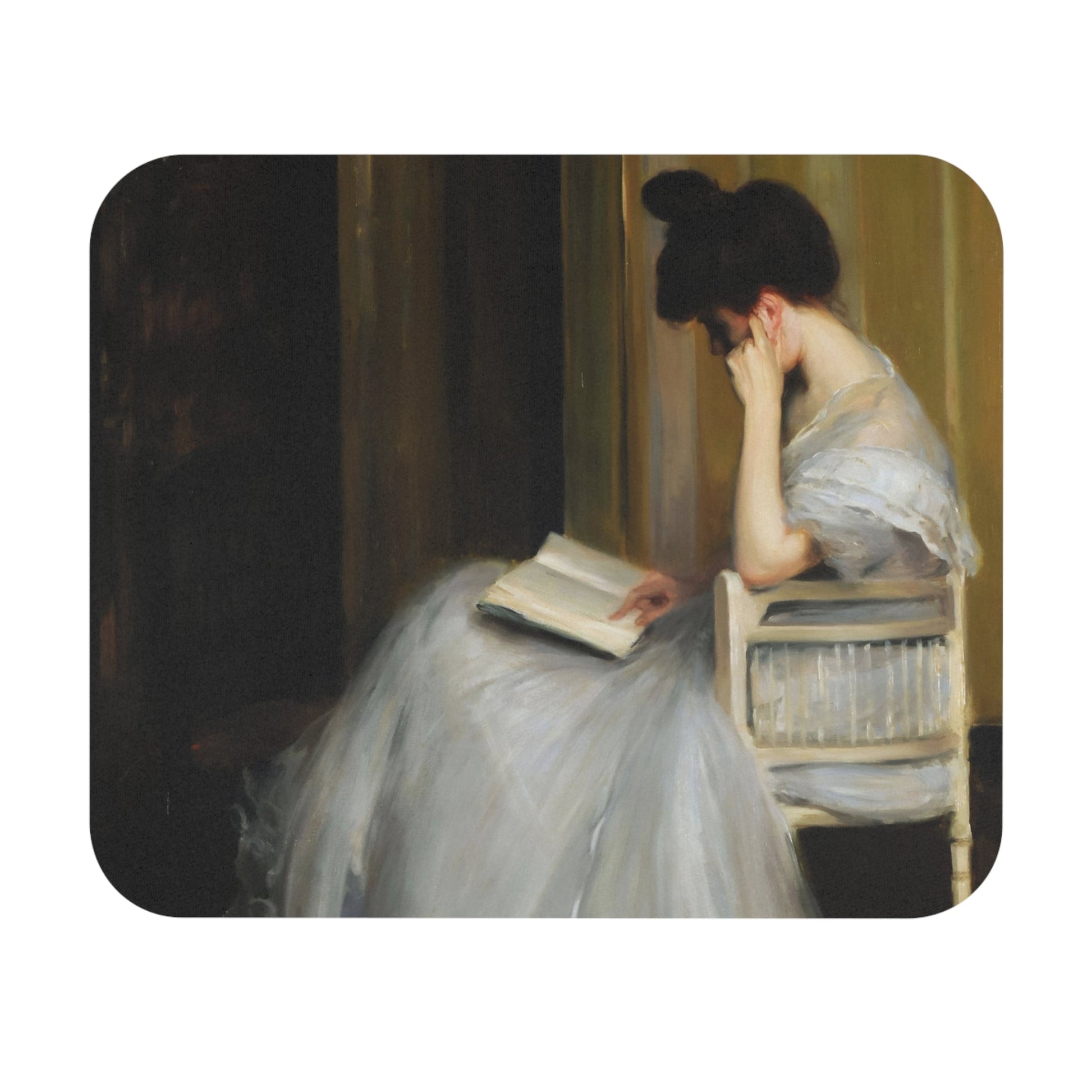 Woman Reading Mouse Pad with vintage oil painting, desk and office decor featuring classic reading scenes.