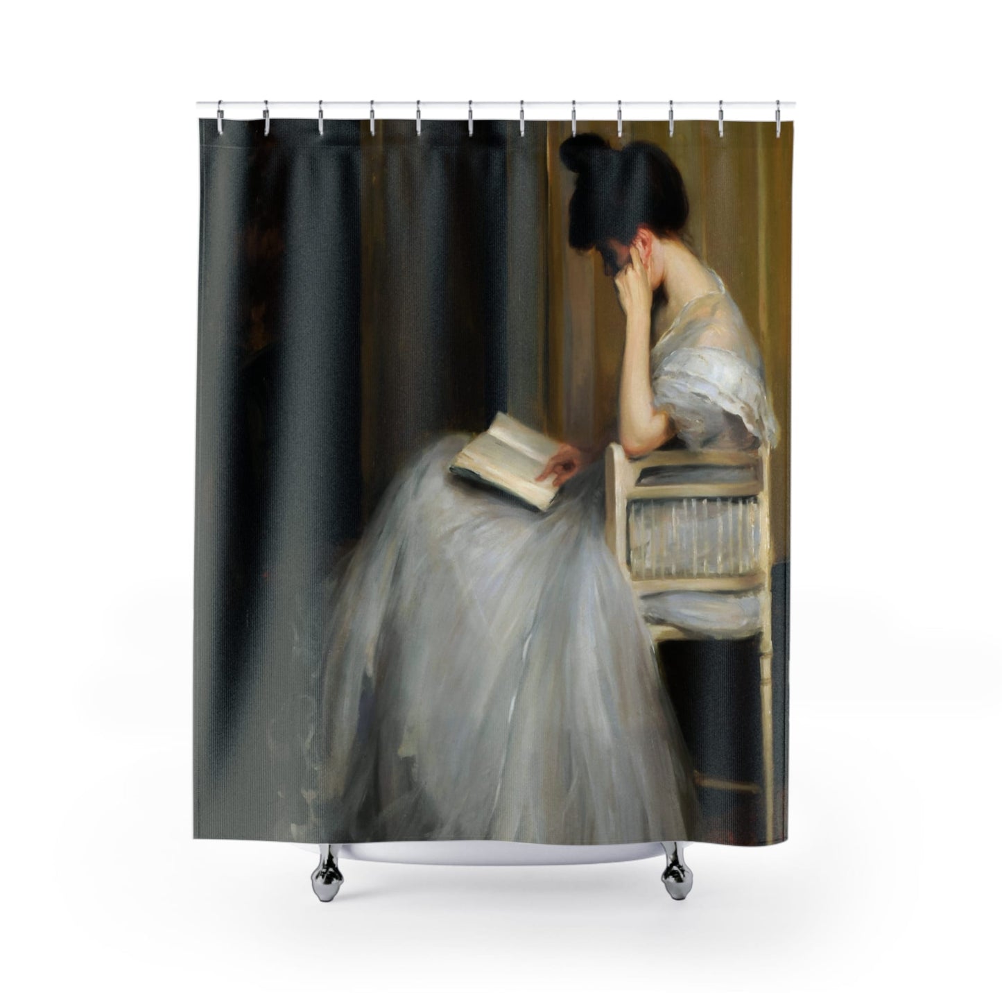 Woman Reading Shower Curtain with vintage oil painting design, classic bathroom decor featuring historical reading scenes.