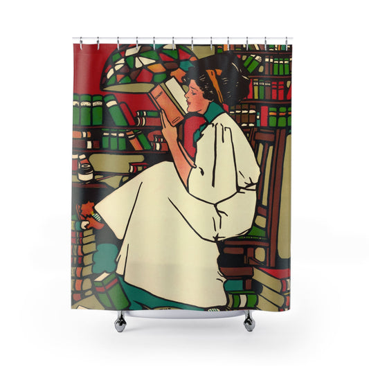 Woman Reading Shower Curtain with stack of books design, literary bathroom decor featuring classic reading themes.