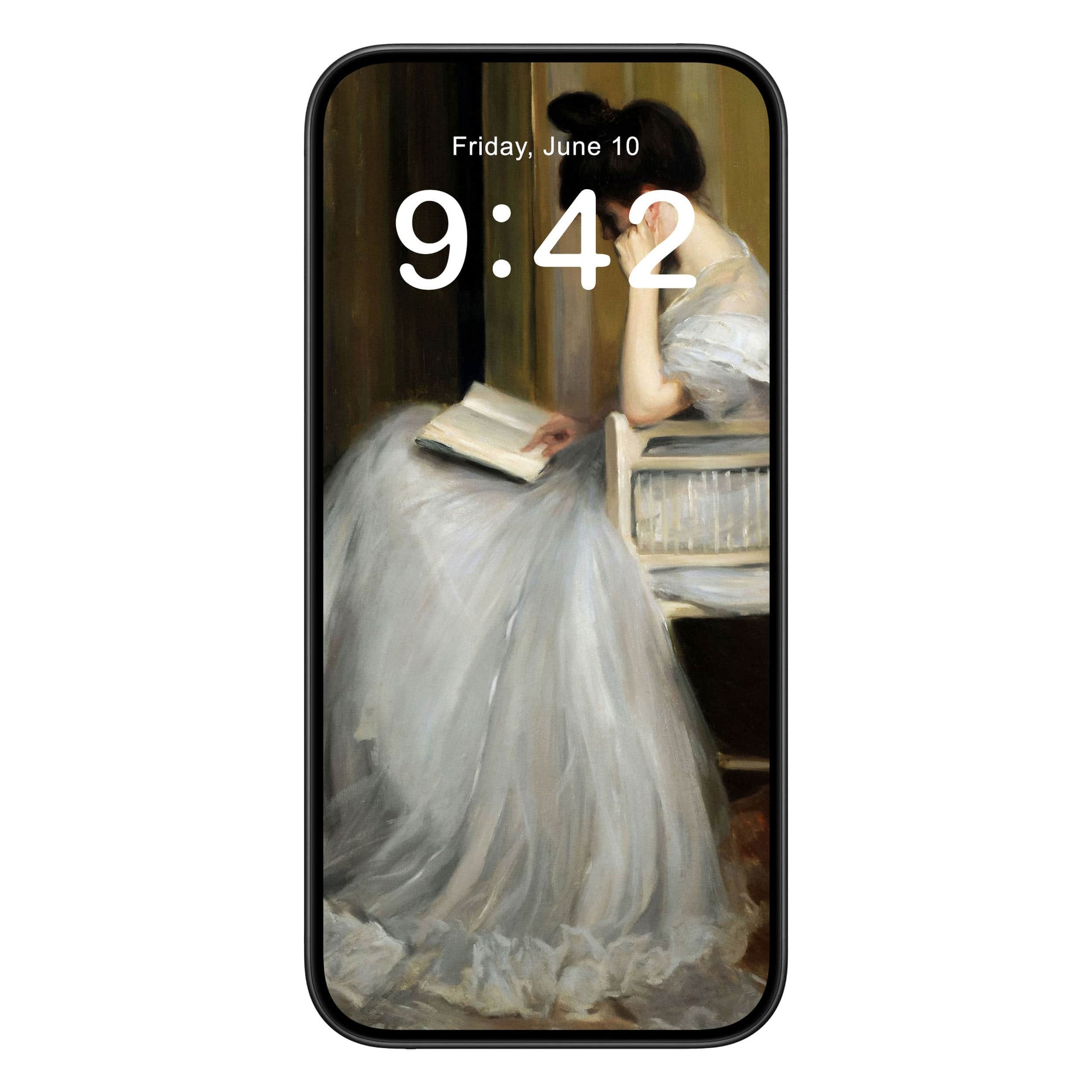 Woman Reading phone wallpaper background with vintage oil painting design shown on a phone lock screen, instant download available.