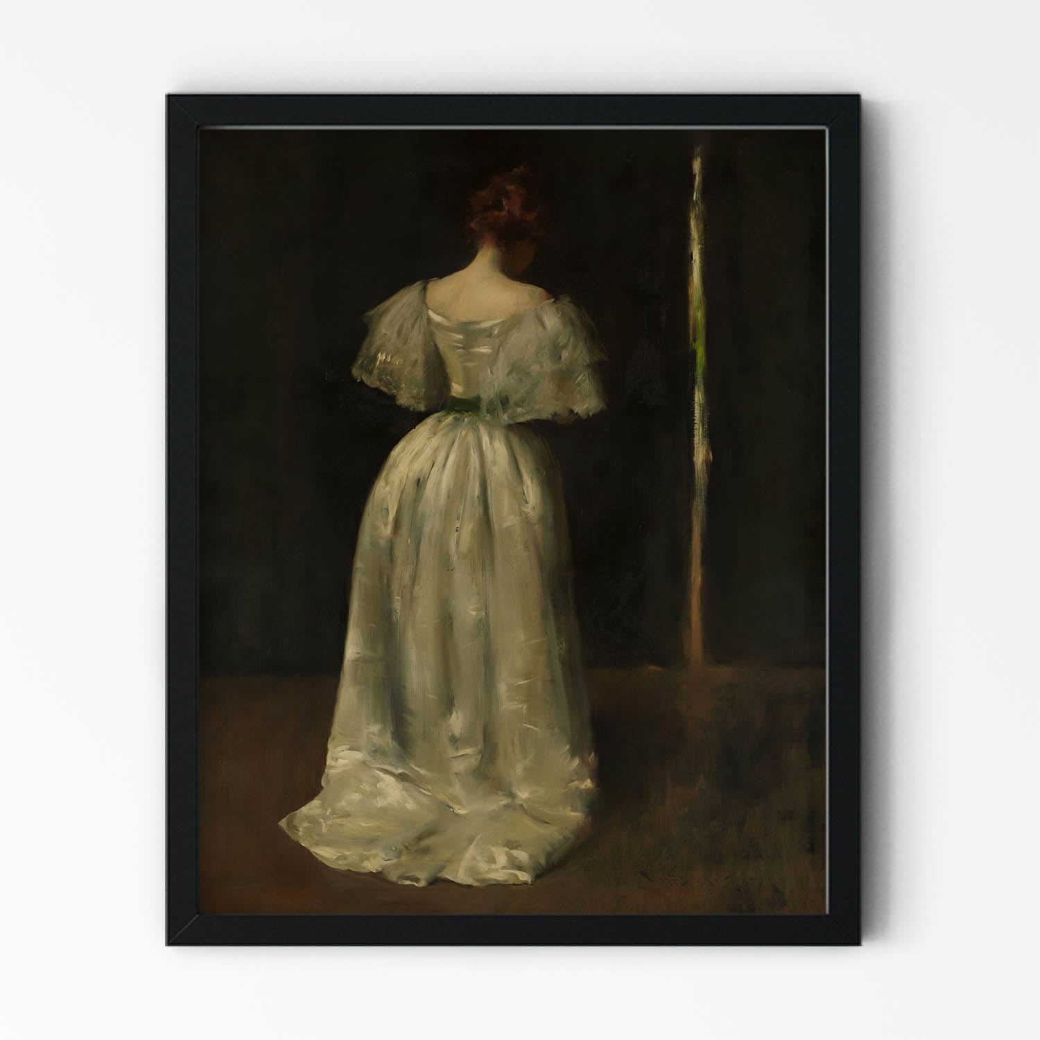 Woman in a White Dress Art Print in Black Picture Frame